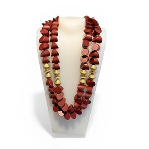 New! Plunder Layered Red Statement Necklace Gold Accent Beads Adjustable